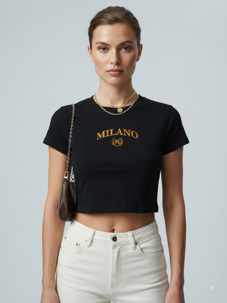 Letter Embroidered Cropped T-Shirt