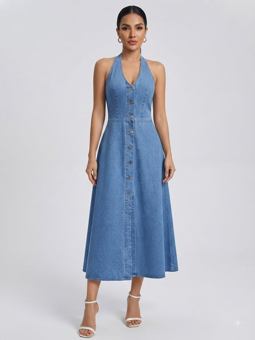 Halter Neck Button-Down Denim Dress