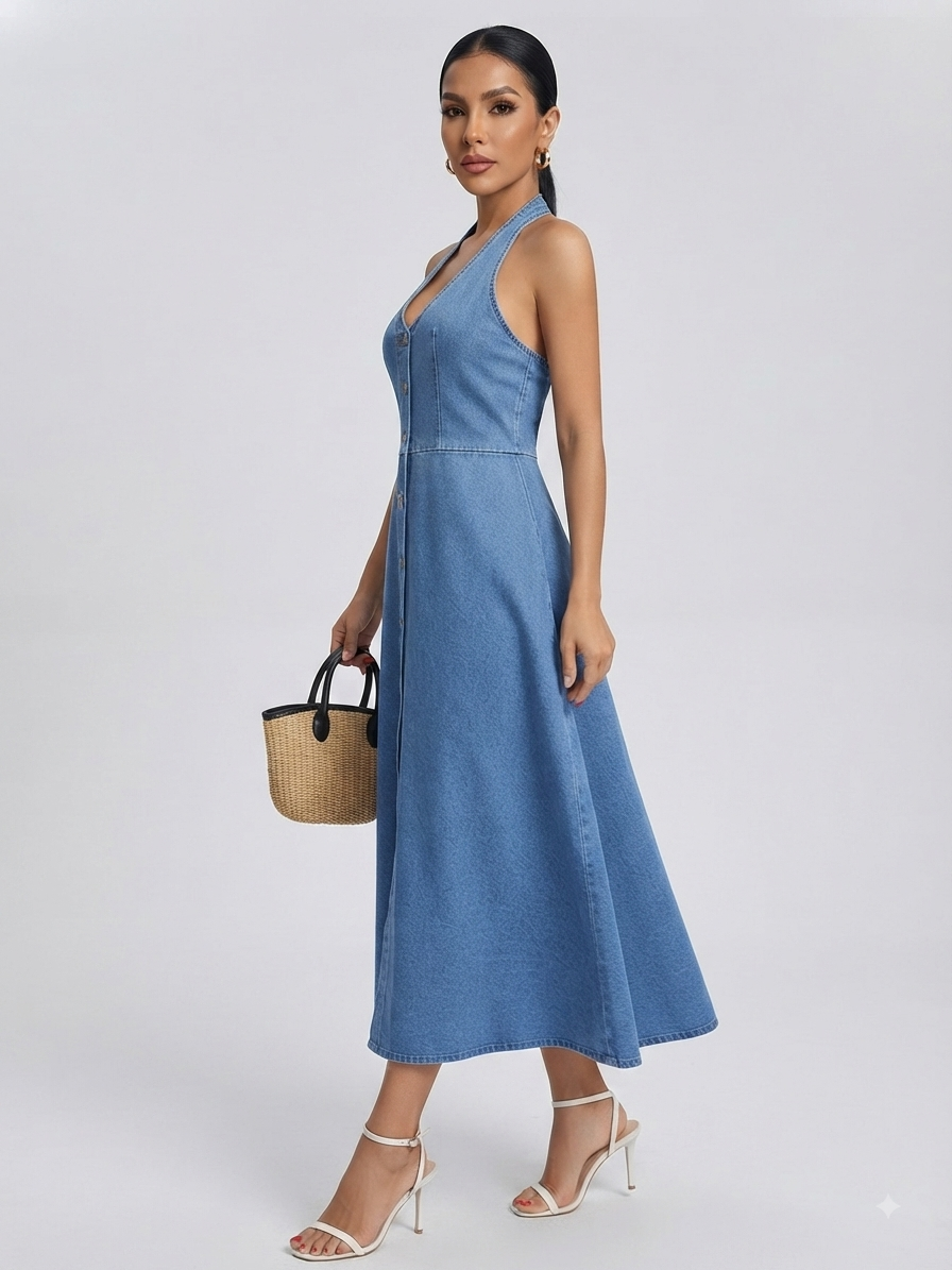 Halter Neck Button-Down Denim Dress
