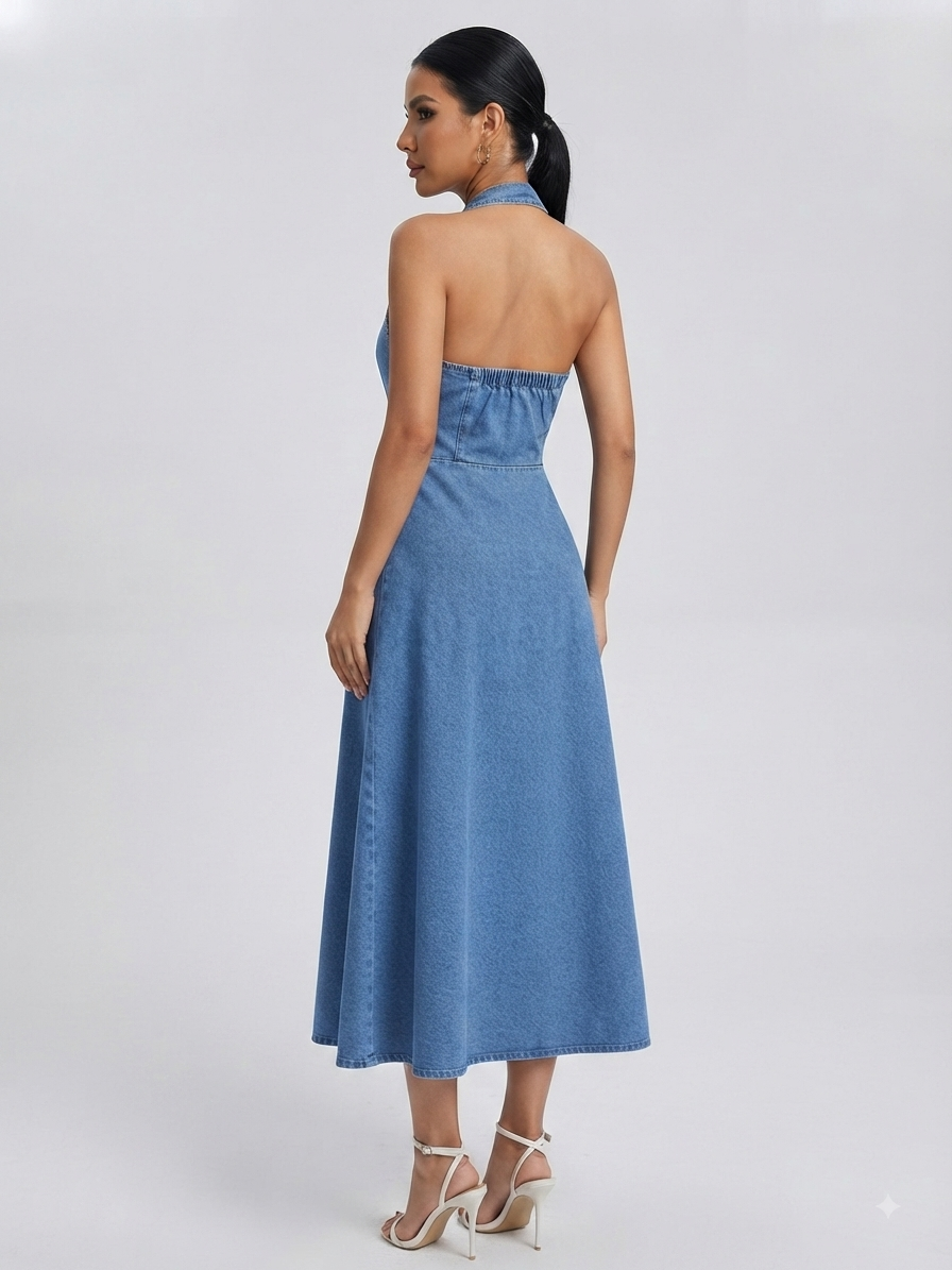 Halter Neck Button-Down Denim Dress